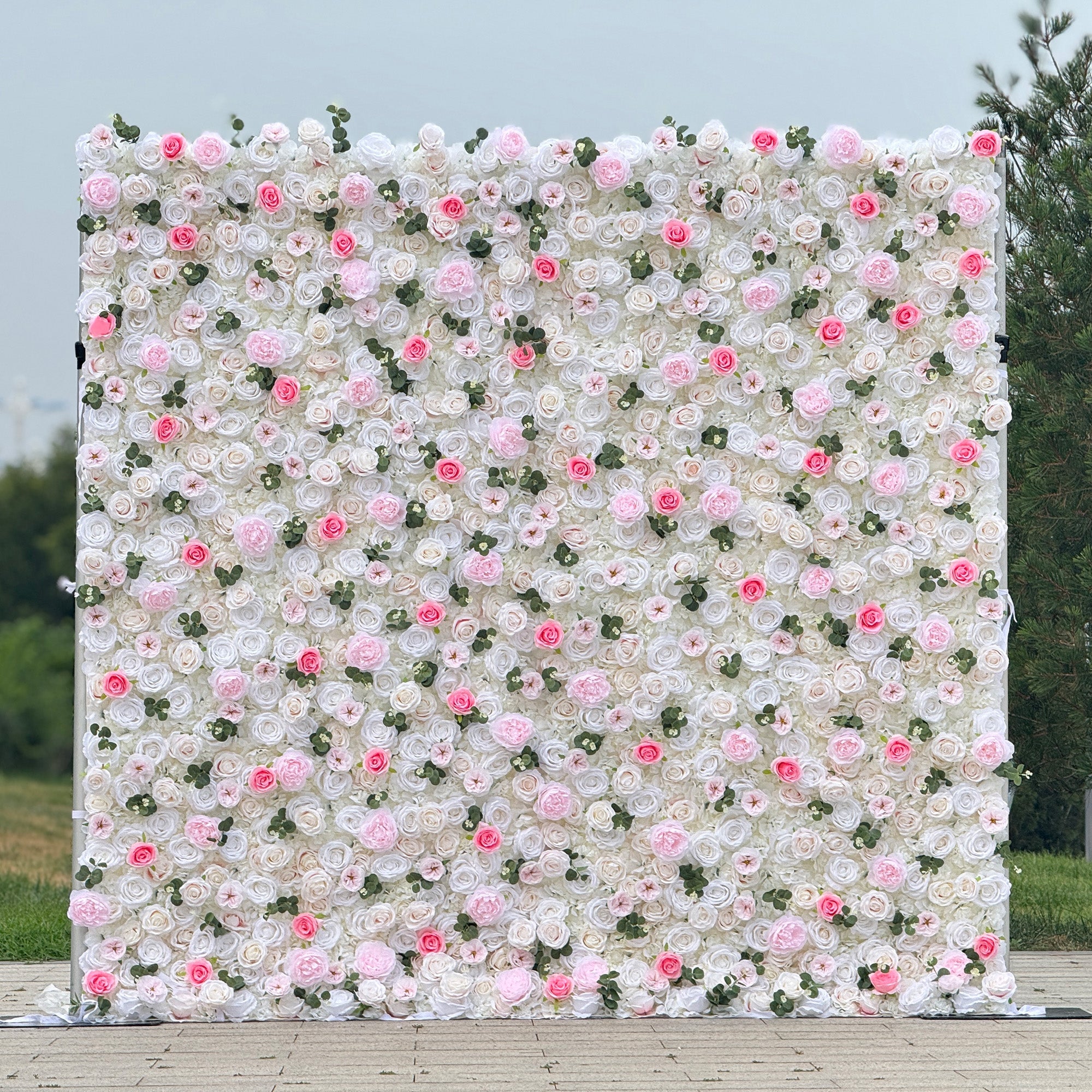 Romantic Pink And White Artificial Rose Backdrop With Eucalyptus - Perfect For Weddings And Proposals and Outdoor Events and Photography - VF - 824
