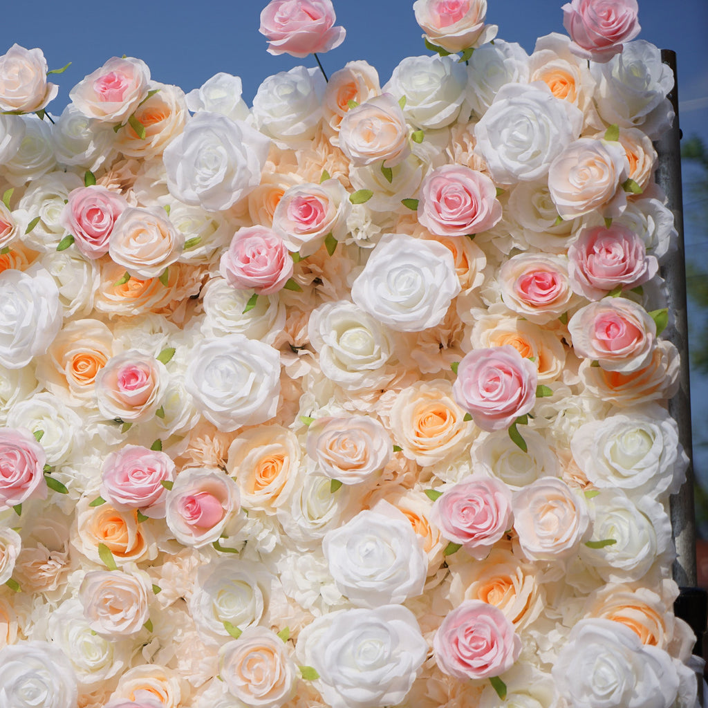 Artificial Floral Backdrop with Mixed Peach Pink and White Roses - Perfect for Garden Weddings and Outdoor Events and Photography - VF - 823