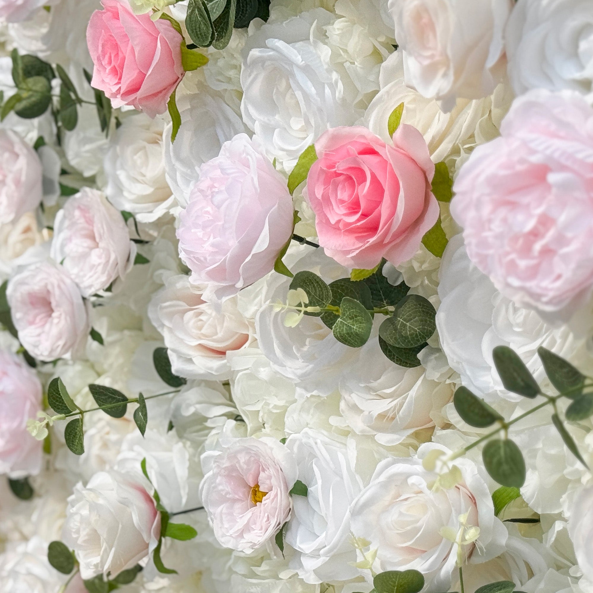 Romantic Pink And White Artificial Rose Backdrop With Eucalyptus - Perfect For Weddings And Proposals and Outdoor Events and Photography - VF - 824