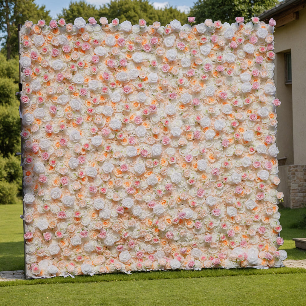 Artificial Floral Backdrop with Mixed Peach Pink and White Roses - Perfect for Garden Weddings and Outdoor Events and Photography - VF - 823
