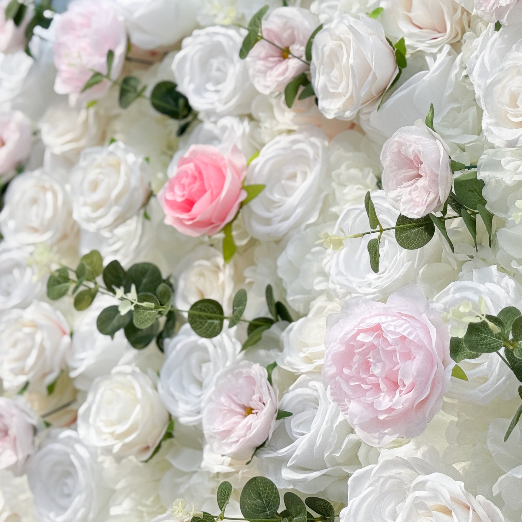Romantic Pink And White Artificial Rose Backdrop With Eucalyptus - Perfect For Weddings And Proposals and Outdoor Events and Photography - VF - 824