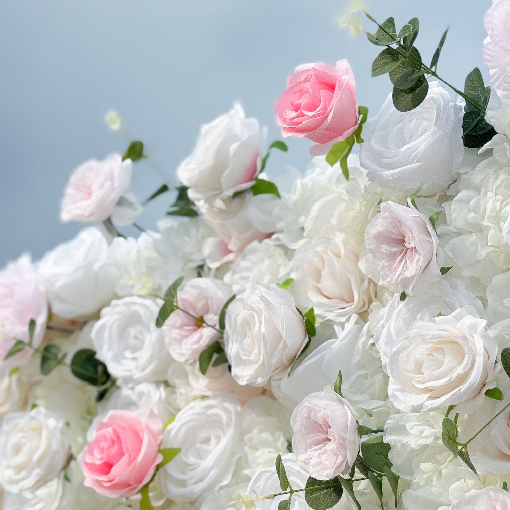 Romantic Pink And White Artificial Rose Backdrop With Eucalyptus - Perfect For Weddings And Proposals and Outdoor Events and Photography - VF - 824