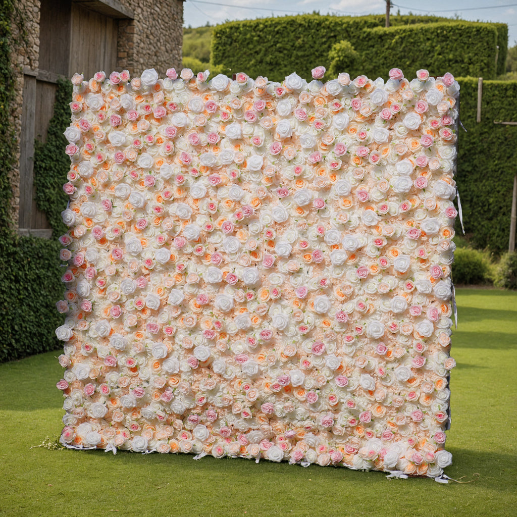 Artificial Floral Backdrop with Mixed Peach Pink and White Roses - Perfect for Garden Weddings and Outdoor Events and Photography - VF - 823