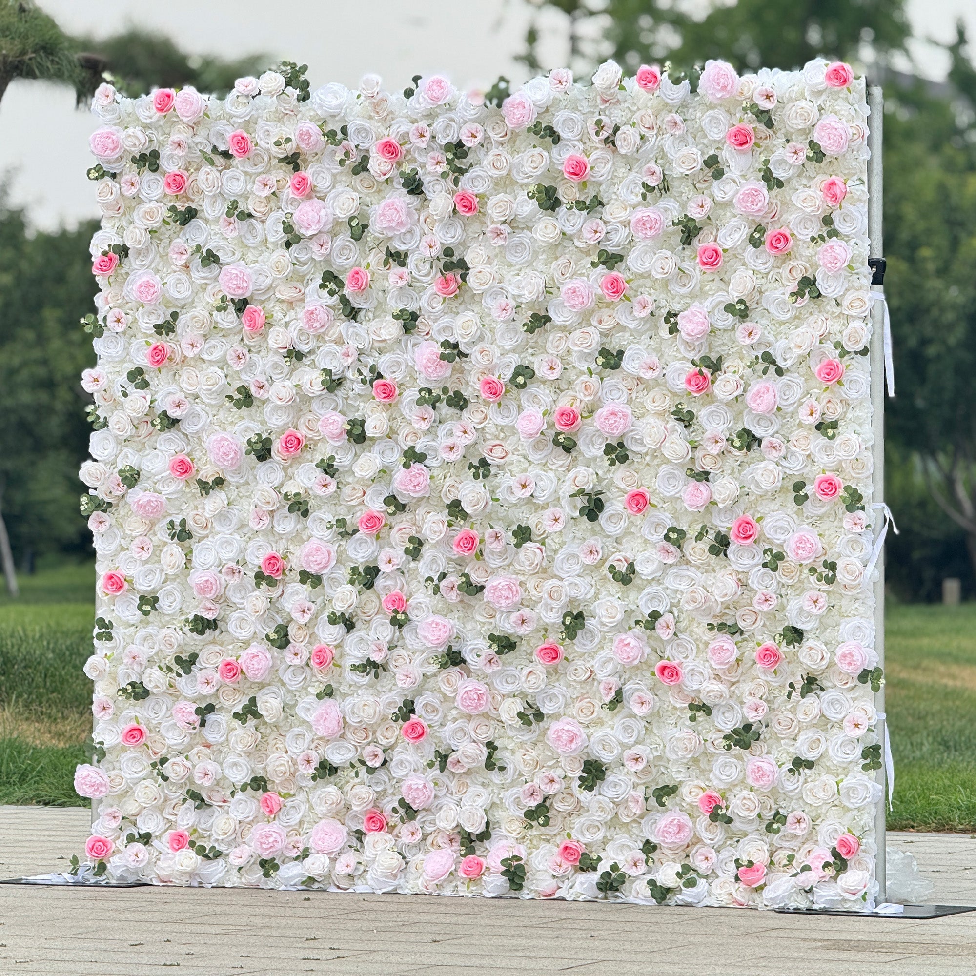 Romantic Pink And White Artificial Rose Backdrop With Eucalyptus - Perfect For Weddings And Proposals and Outdoor Events and Photography - VF - 824