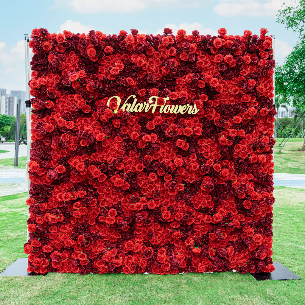 Valar Flowers Roll Up Fabric Artificial Flower Wall Crimson Coronation: A Regal Array of Red Roses Radiating Romance and Reverence-VF-172
