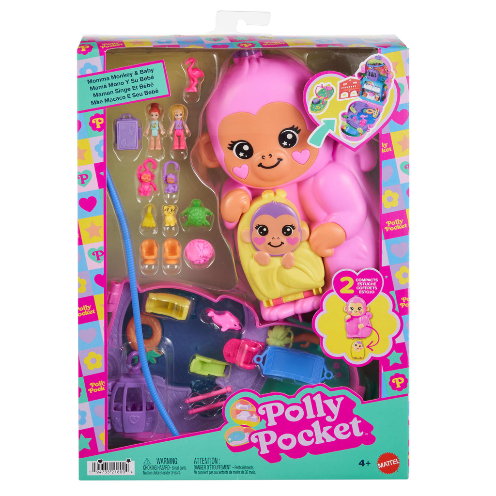 Polly Pocket Conjunto de Brinquedo Compacto Mundo Surpresa Mamãe Macaca e seu Bebê