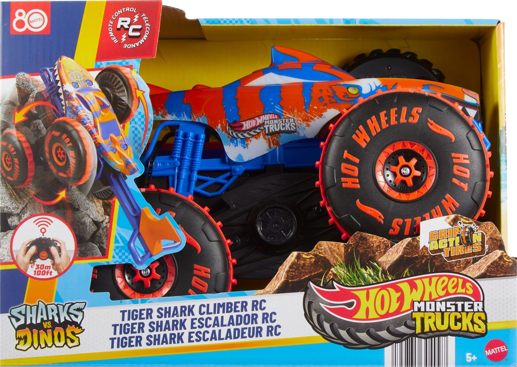 Hot Wheels Monster Trucks Tiger Shark Climber RC Vehicle, Battery-Powered Remote-Control Toy Truck