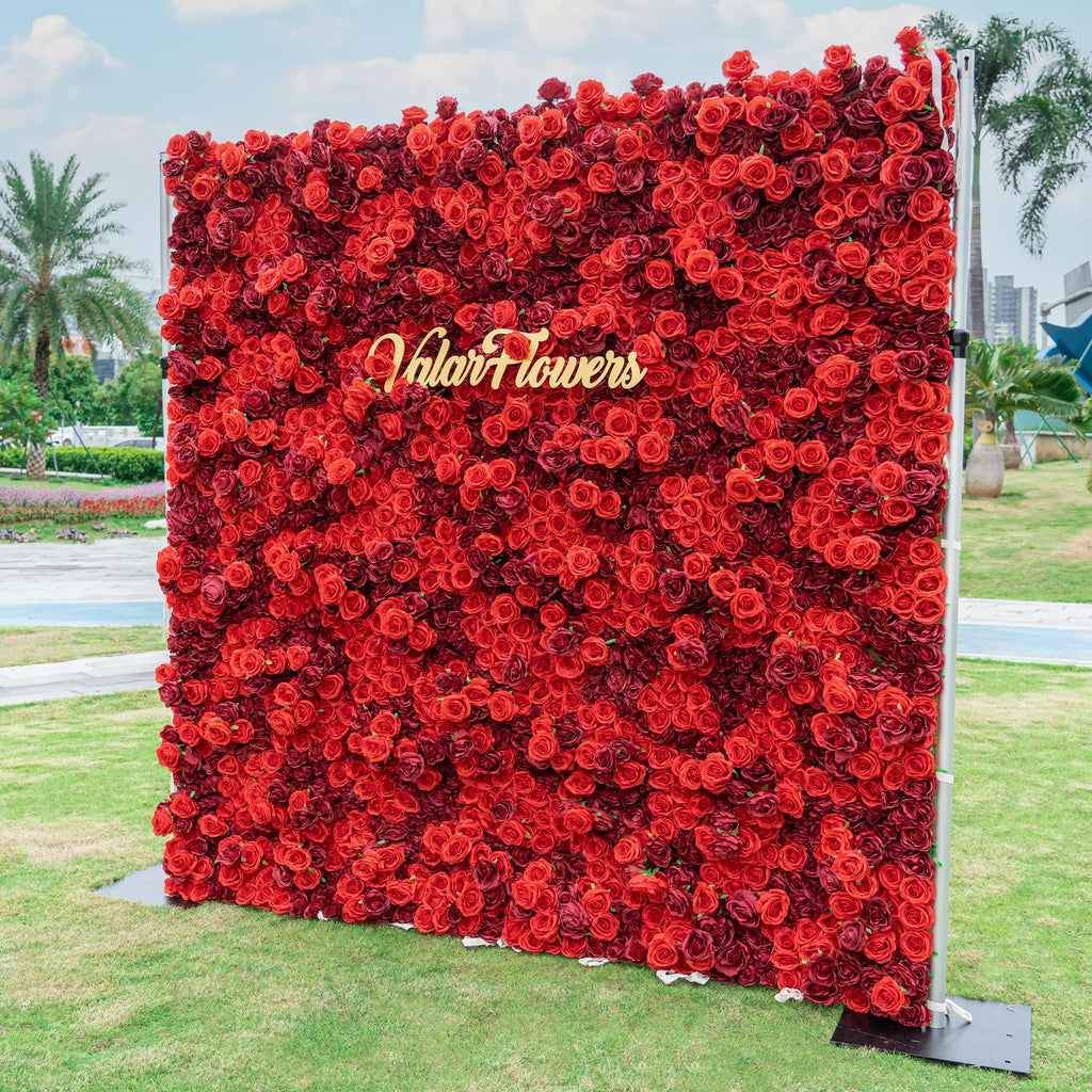 Valar Flowers Roll Up Fabric Artificial Flower Wall Crimson Coronation: A Regal Array of Red Roses Radiating Romance and Reverence-VF-172