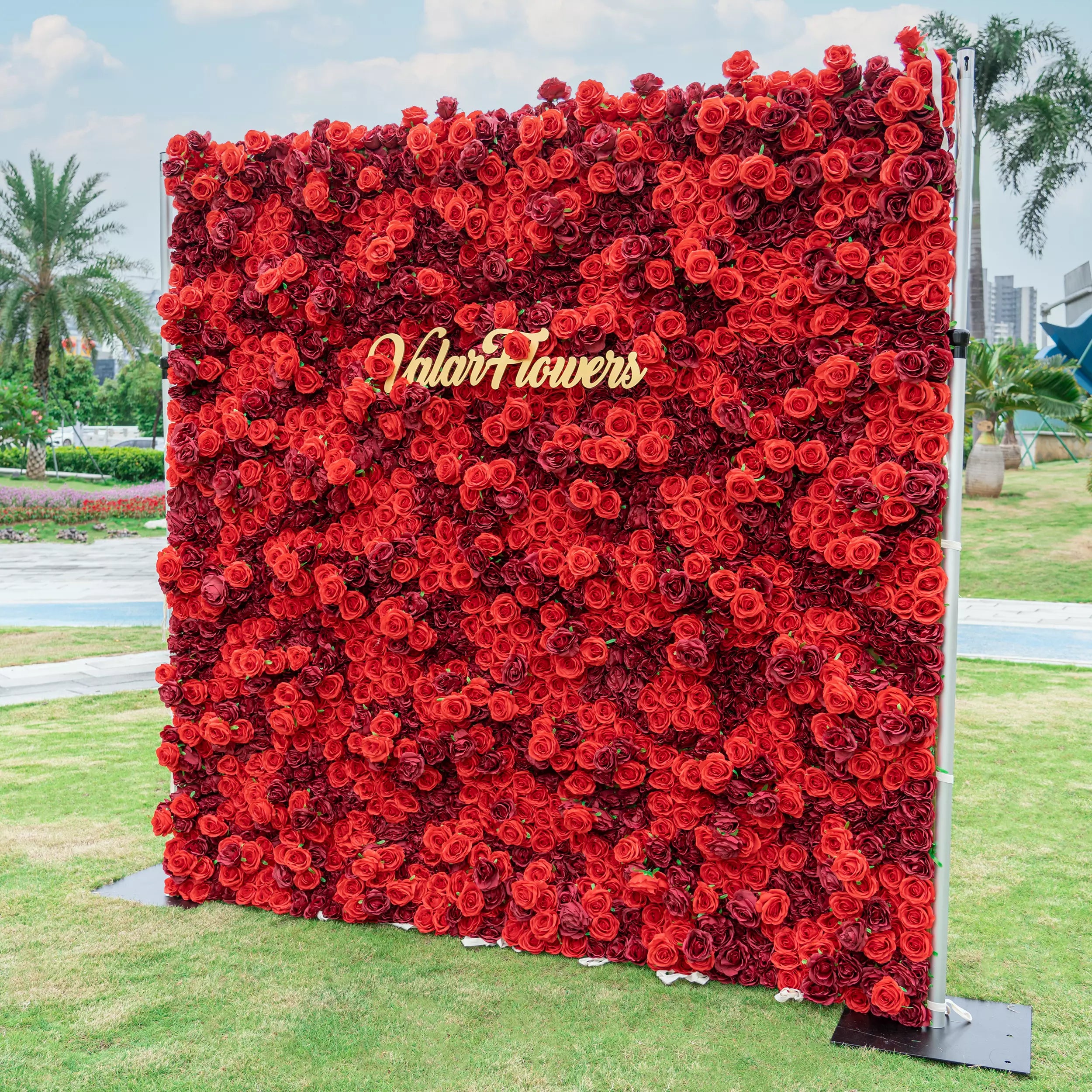 Valar Flowers Roll Up Fabric Artificial Flower Wall Crimson Coronation: A Regal Array of Red Roses Radiating Romance and Reverence-VF-172
