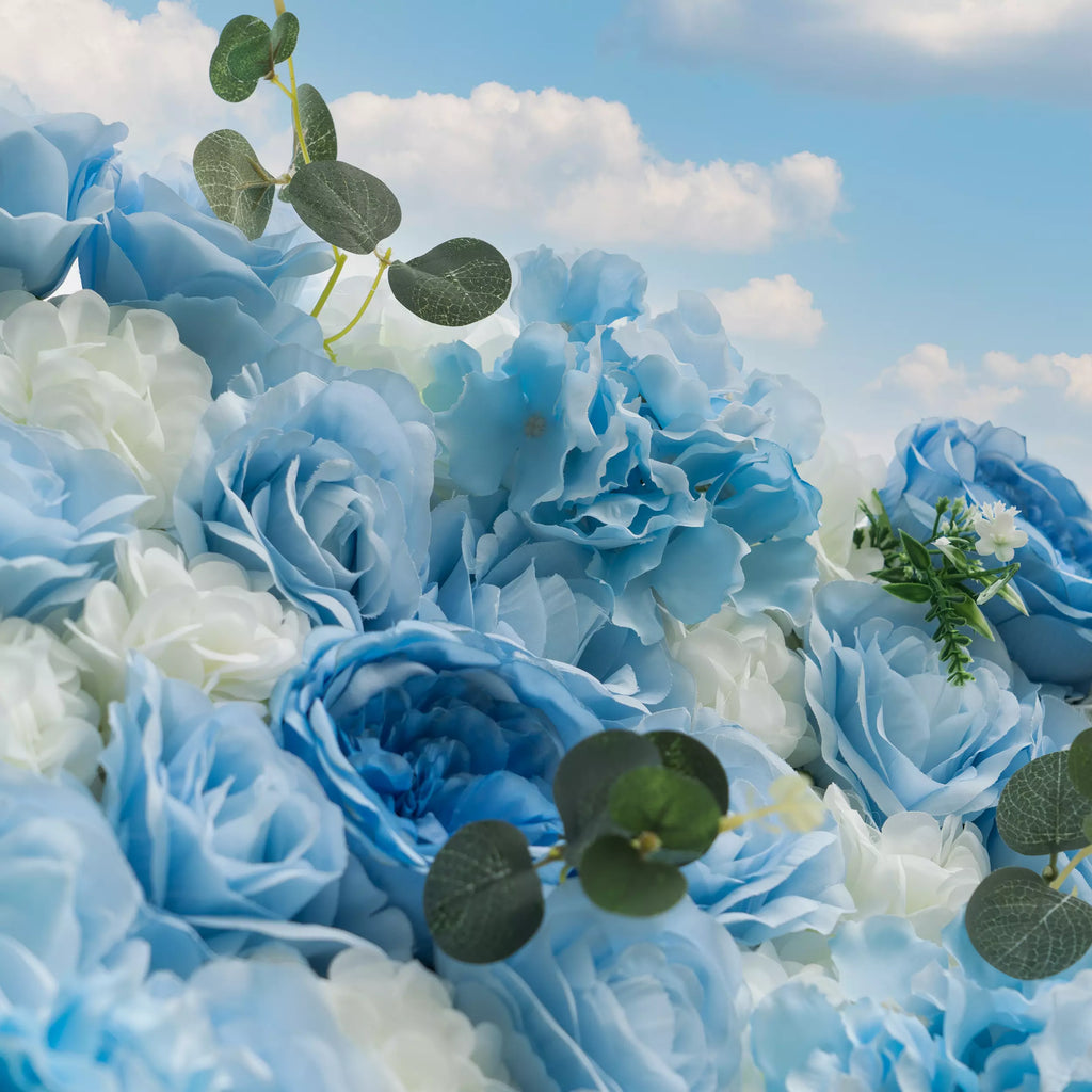 ValarFlowers Azure Adoration: An Enchanting Ballet of Mixed Baby Blue and White Green Flower Blooms and Whispering Waves Floral Wall- VF-067