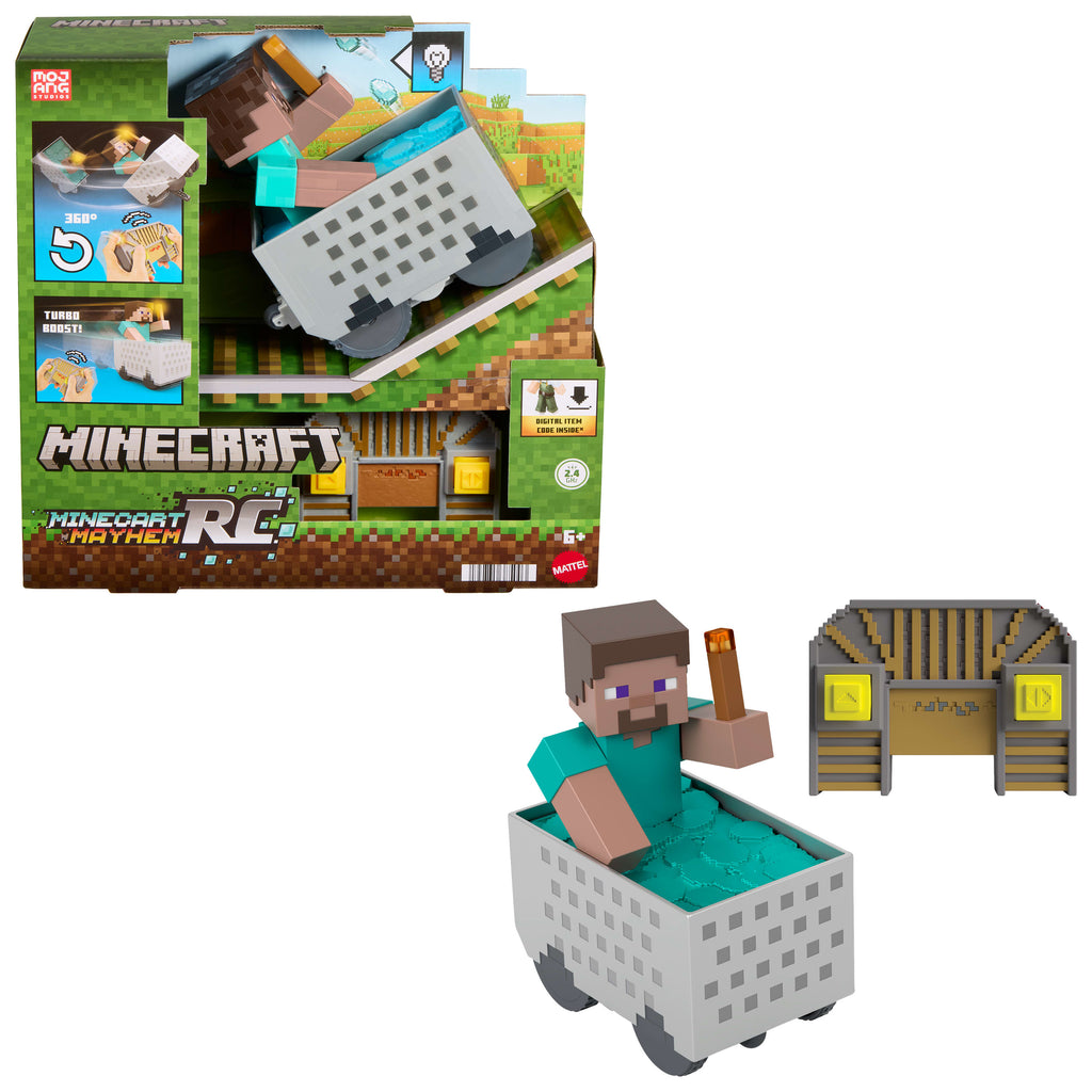 Minecraft Minecart RC & Steve, Wheelie Stunt & Turbo Boost, Lights & Digital Item Code