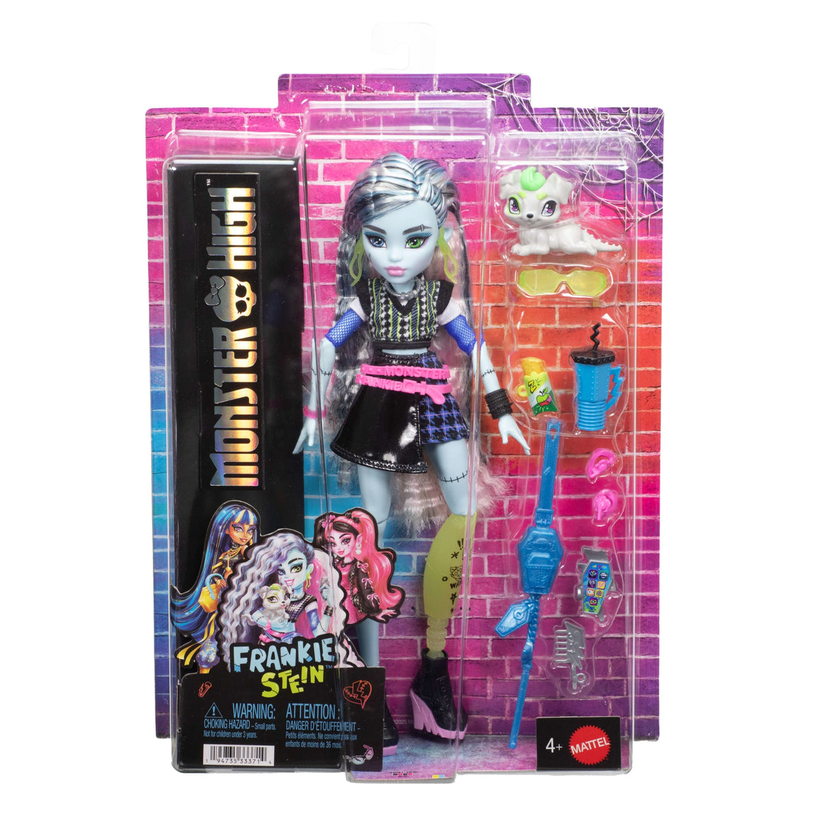 Monster High Frankie Stein Fashion Doll in Black Pleather Skirt With Pet Watzie And 7 Accessories
