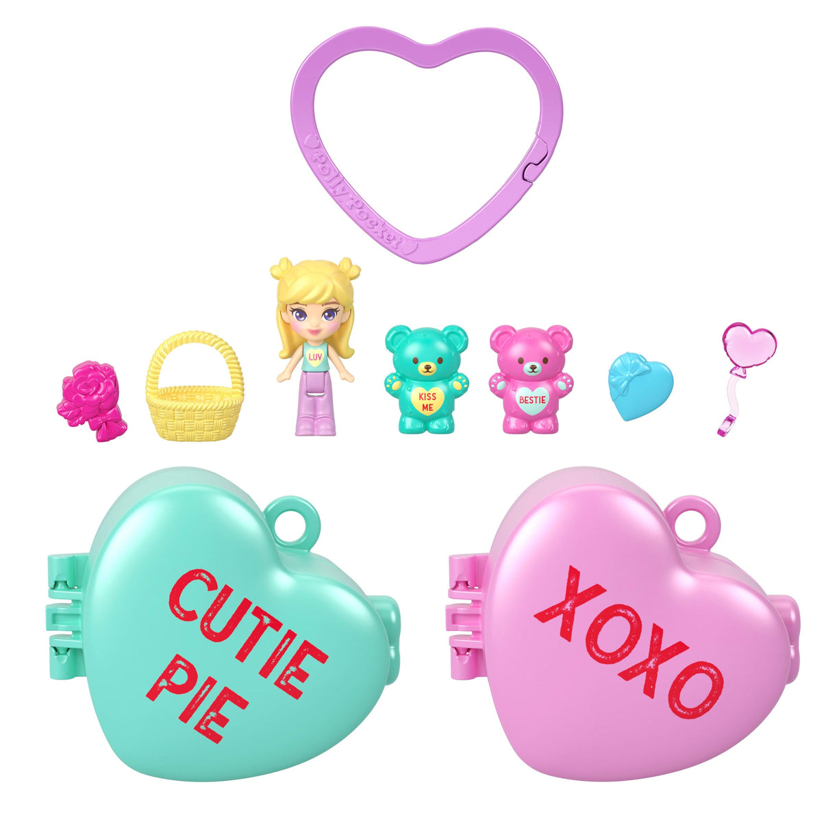 Polly Pocket X Sweethearts Doll & 2 Playsets With 7 Accessories, Compact Travel Toy With Keychain Clip