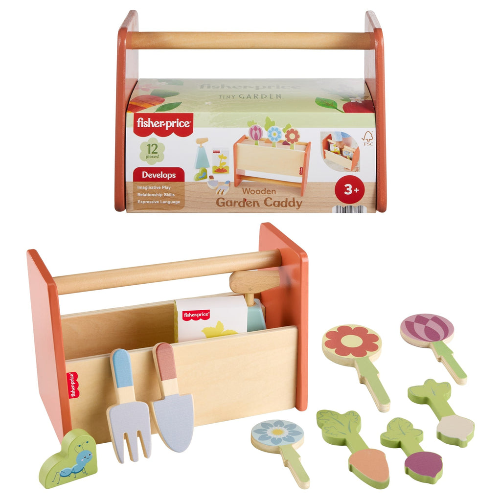 Fisher-Price Tiny Garden Wooden Garden Caddy Pretend Play Set With Tools For Kids, 12 Wood Pieces
