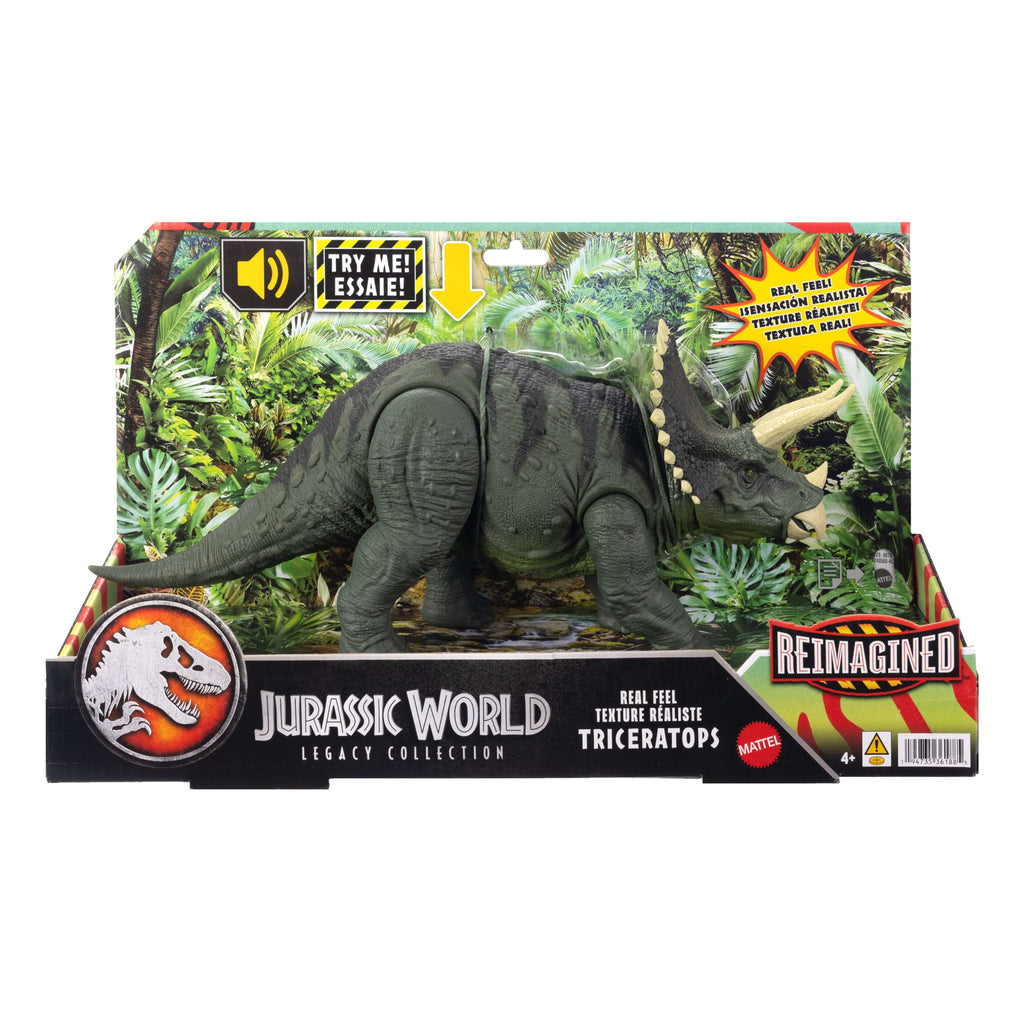 Jurassic World Reimagined Real Feel Triceratops Roaring Dinosaur Figure, 90S Inspired Toy