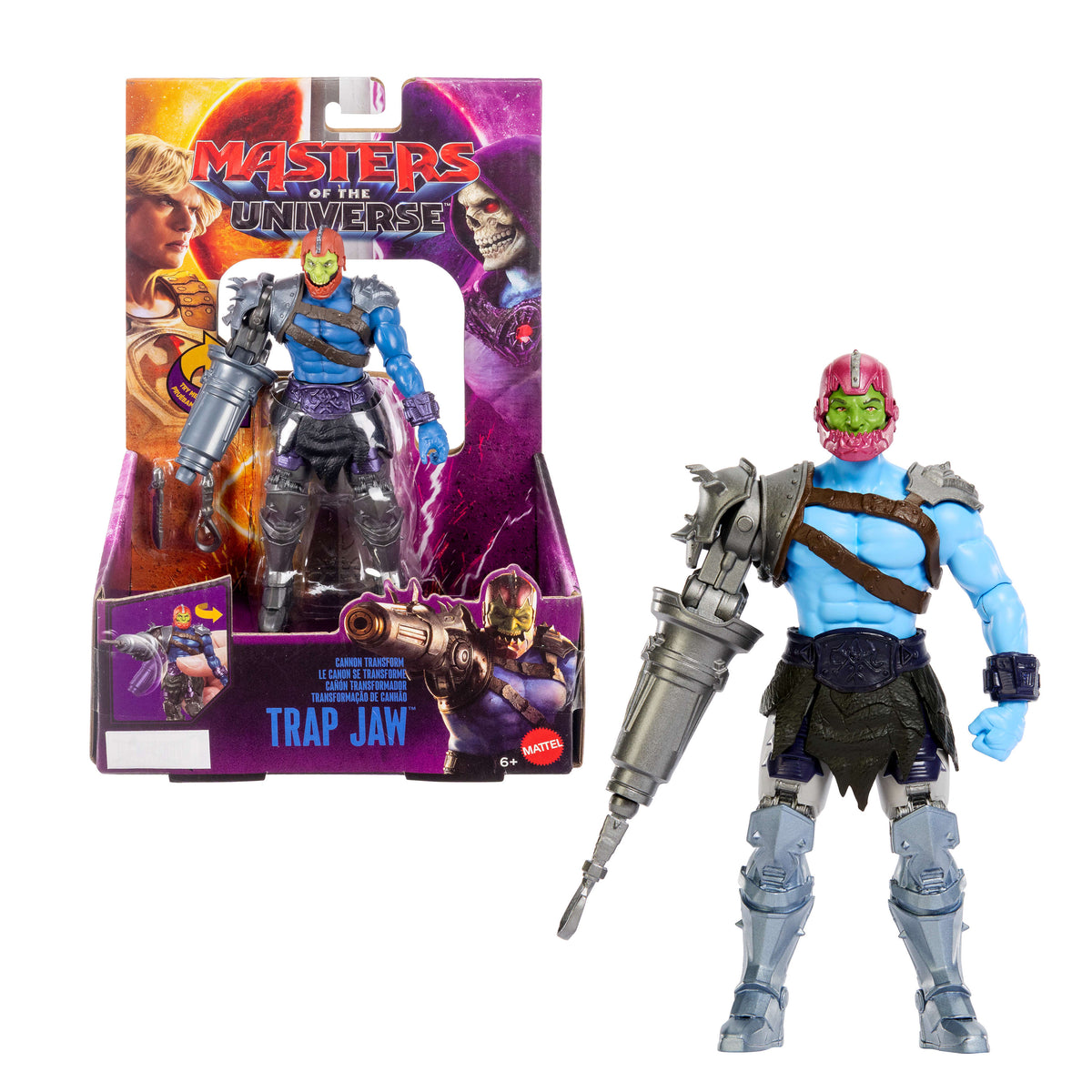 Masters Of The Universe Cannon Transform Trap Jaw Feature Action Figure Toy, 5.5 Inch Twist & Release