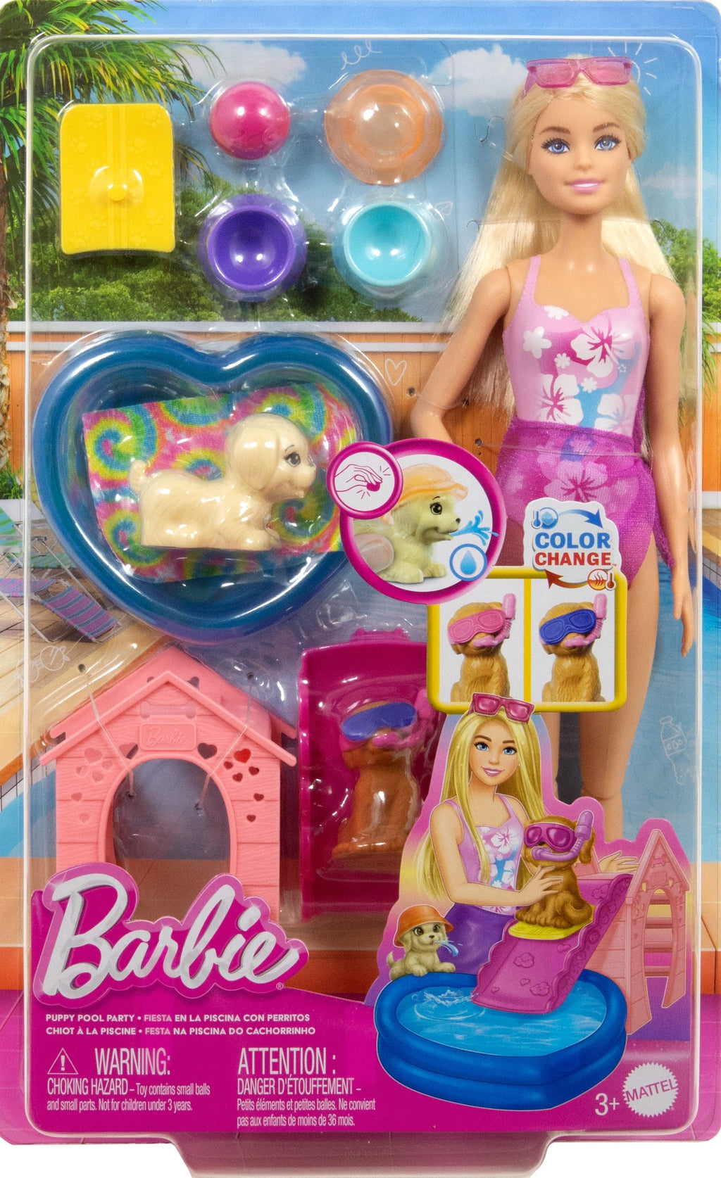 Barbie Puppy Pool Party Playset With Doll, Pool, Doghouse & Slide, 2 Pet Figures & 6 Accessories