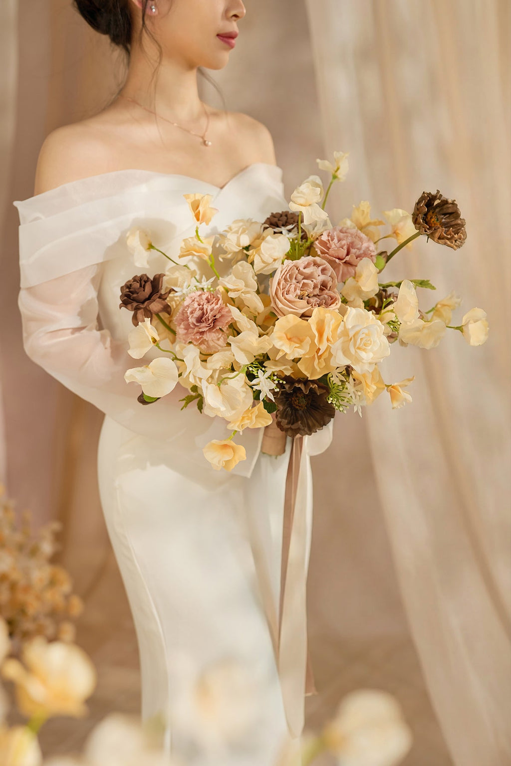 Small Free-Form Bridal Bouquet in Earth Brown & Butter Yellow | Clearance