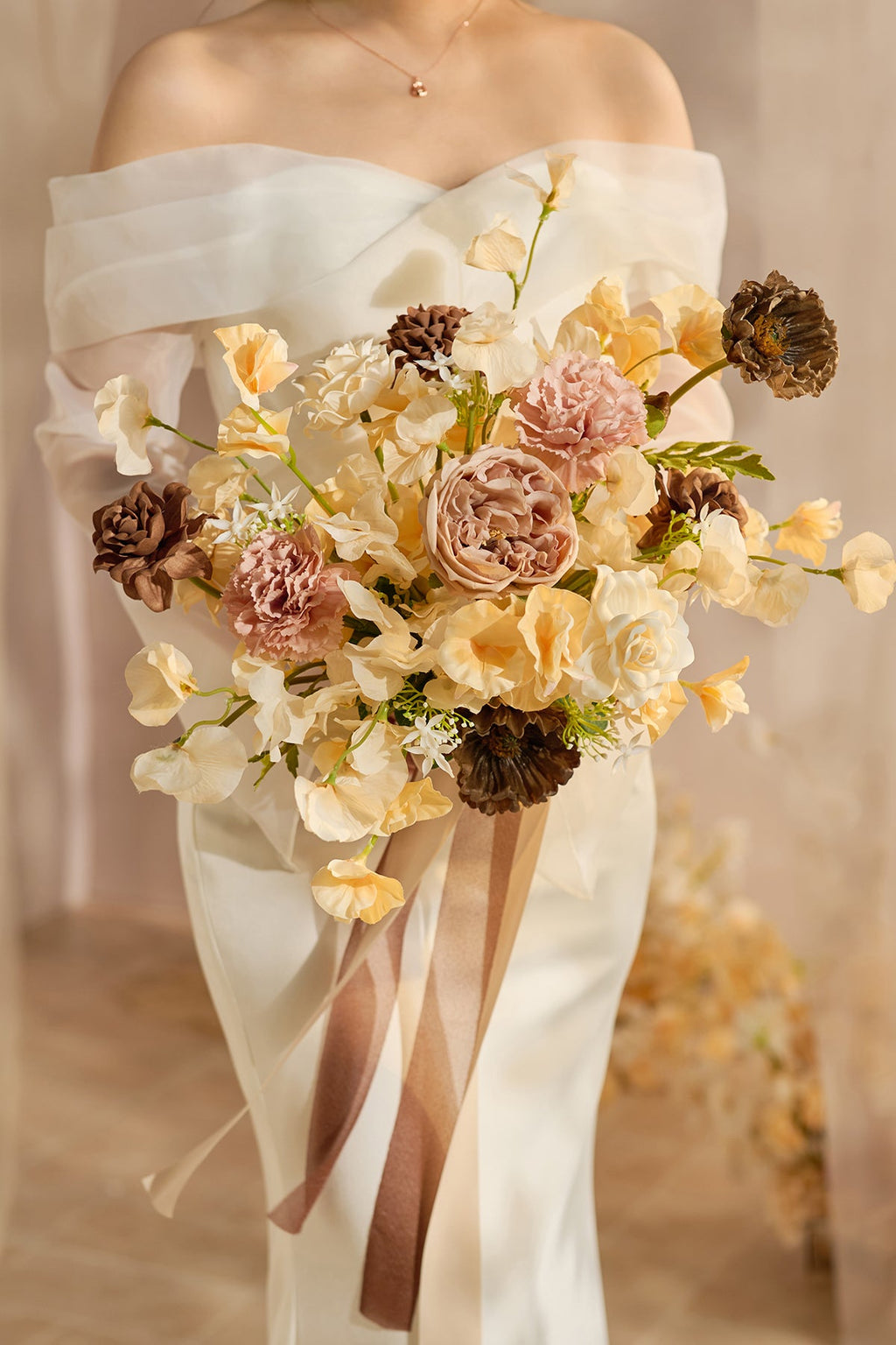 Small Free-Form Bridal Bouquet in Earth Brown & Butter Yellow | Clearance