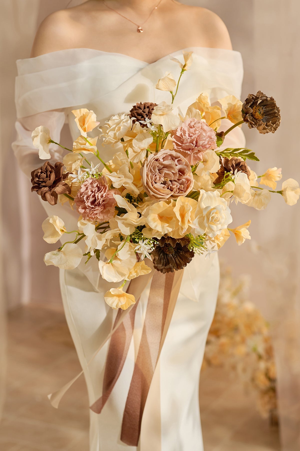 Small Free-Form Bridal Bouquet in Earth Brown & Butter Yellow | Clearance