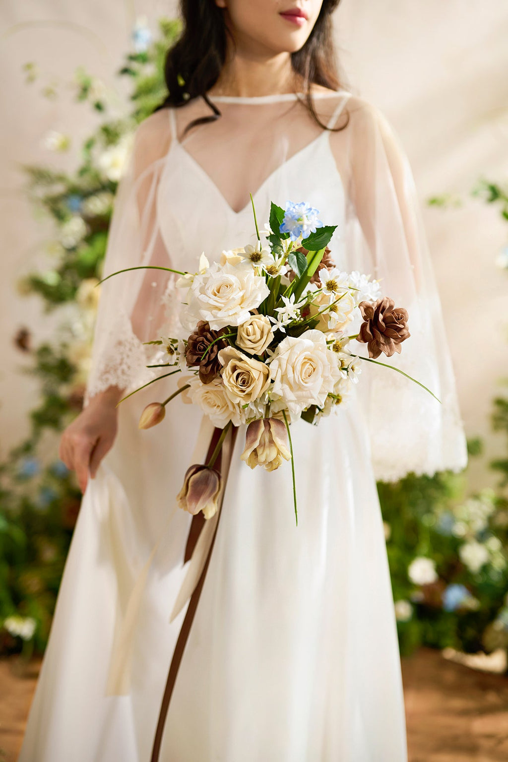 Small Free-Form Bridal Bouquet in Earth Brown & Tawny Beige | Clearance
