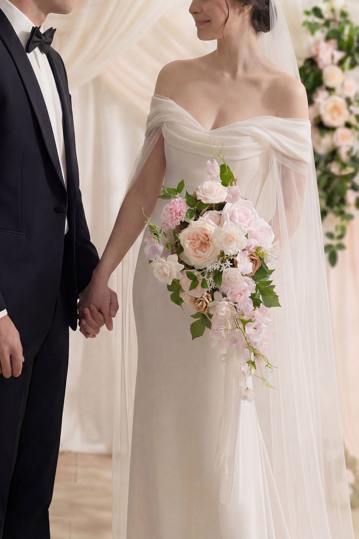 Small Cascade Bridal Bouquet in Powder Pink & Sand Beige