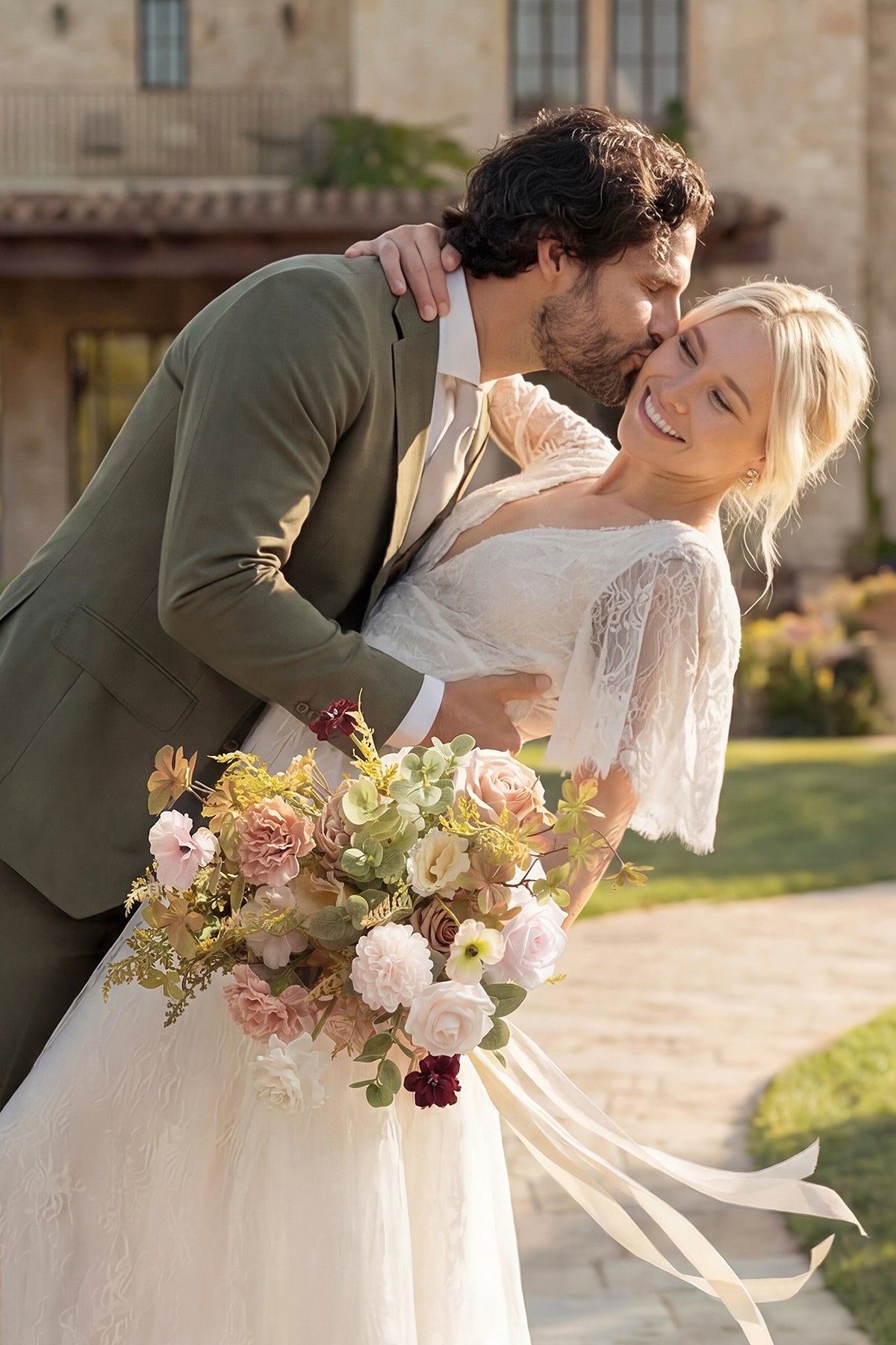 Small Free-Form Bridal Bouquet in Powder Pink & Olive Green | Clearance