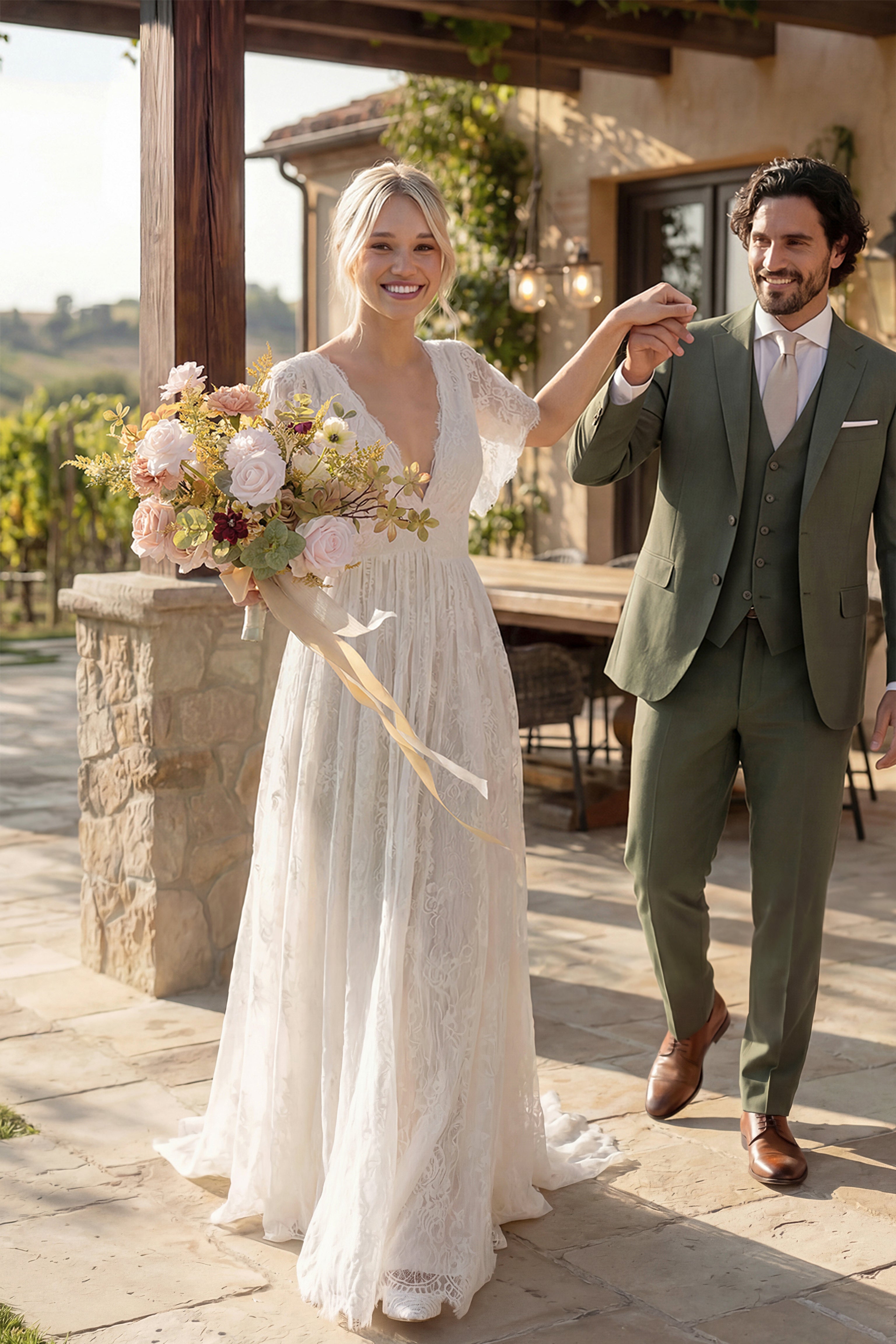 Small Free-Form Bridal Bouquet in Powder Pink & Olive Green | Clearance