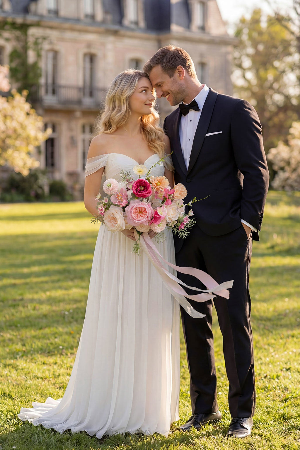 Small Free-Form Bridal Bouquet in Powder Pink & Berry Pink & Cream