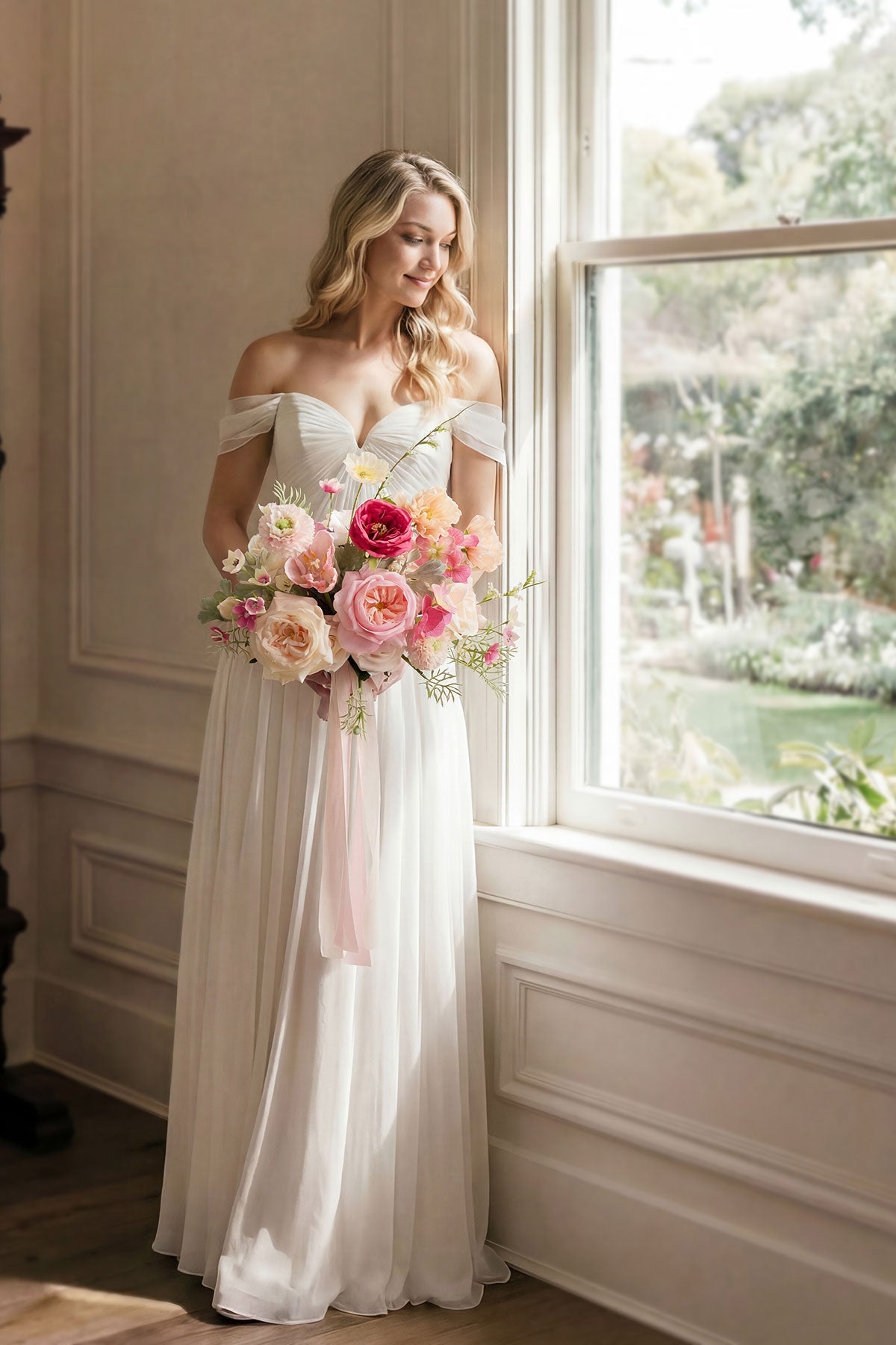 Small Free-Form Bridal Bouquet in Powder Pink & Berry Pink & Cream