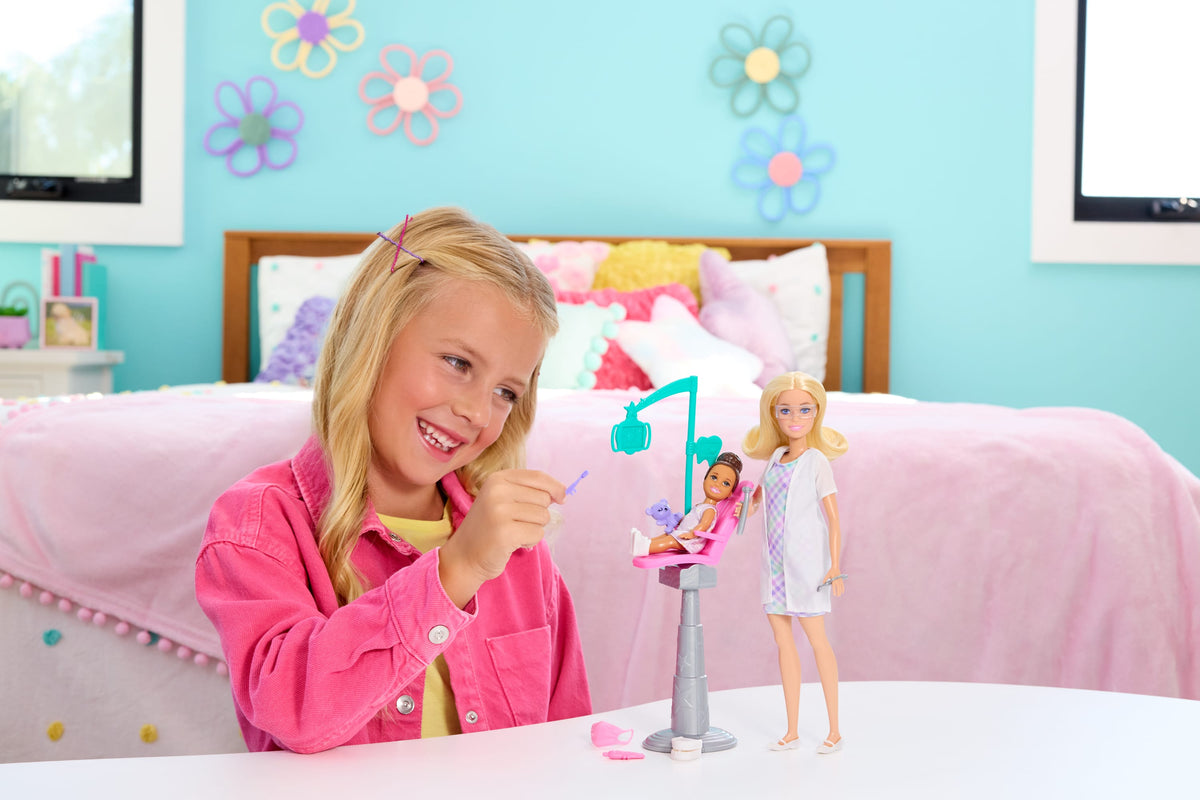 Barbie Careers Dentist Playset With Blonde Fashion Doll, Small Doll, Examination Chair & Accessories