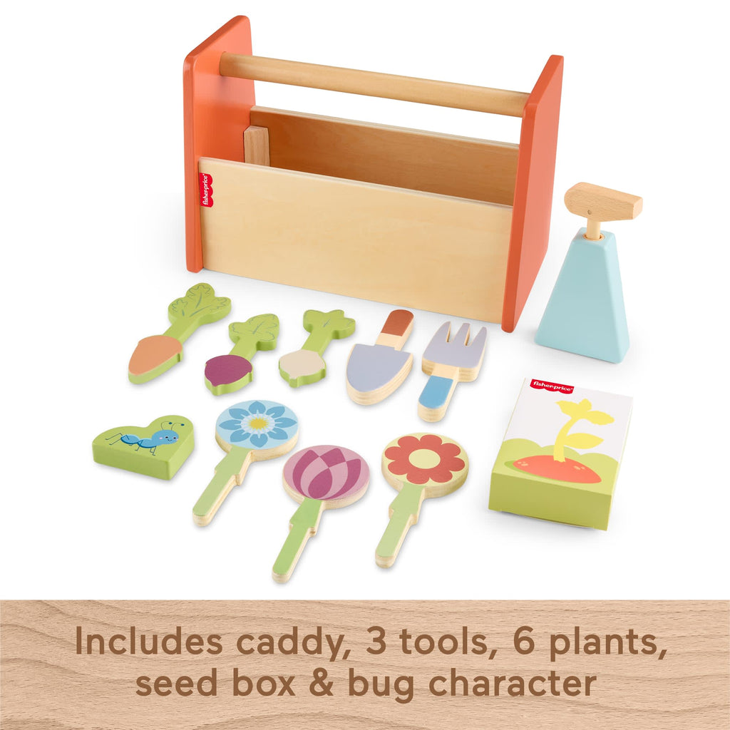 Fisher-Price Tiny Garden Wooden Garden Caddy Pretend Play Set With Tools For Kids, 12 Wood Pieces