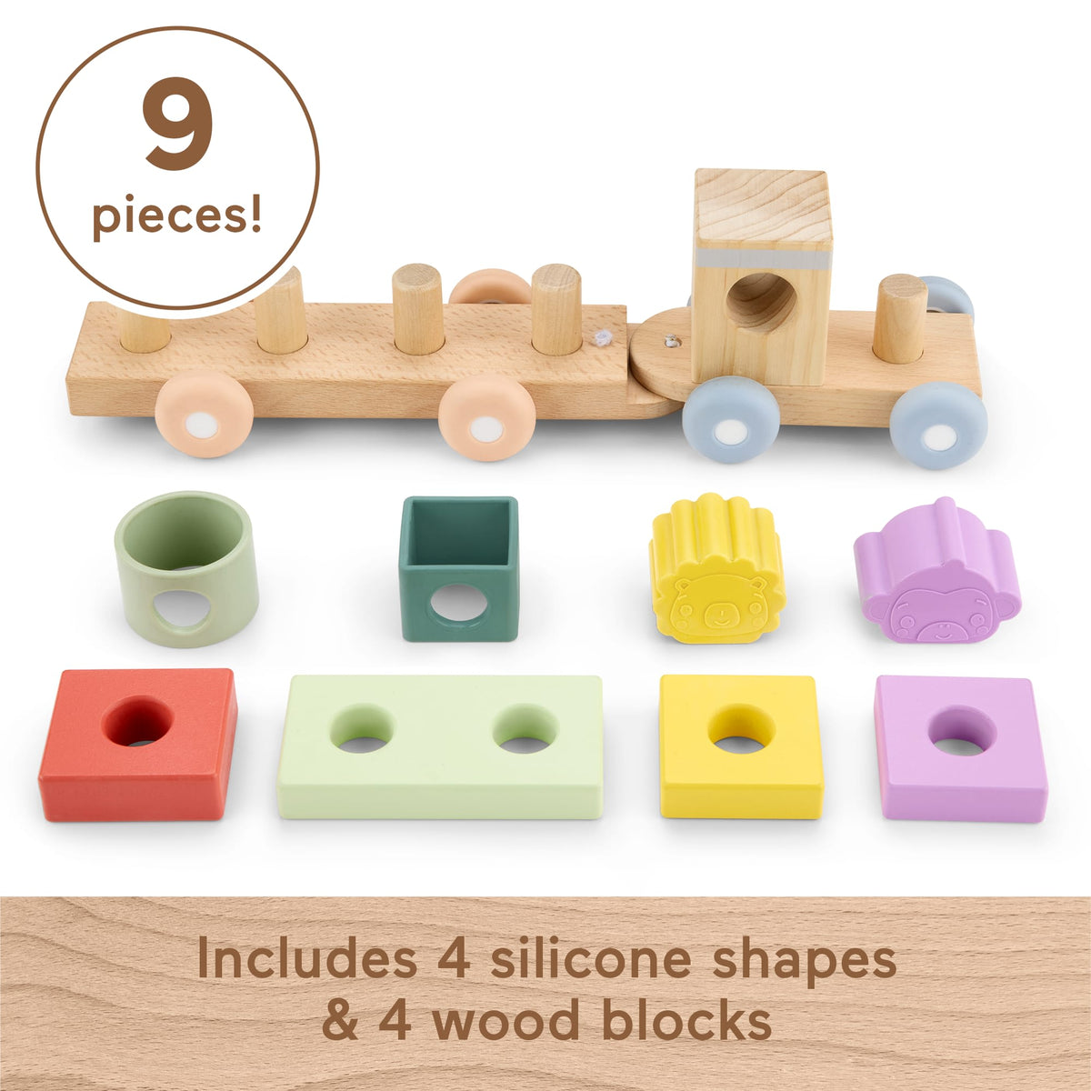 Fisher-Price Wood And Silicone Stacking Train, 9-Piece Baby & Toddler Activity Toy
