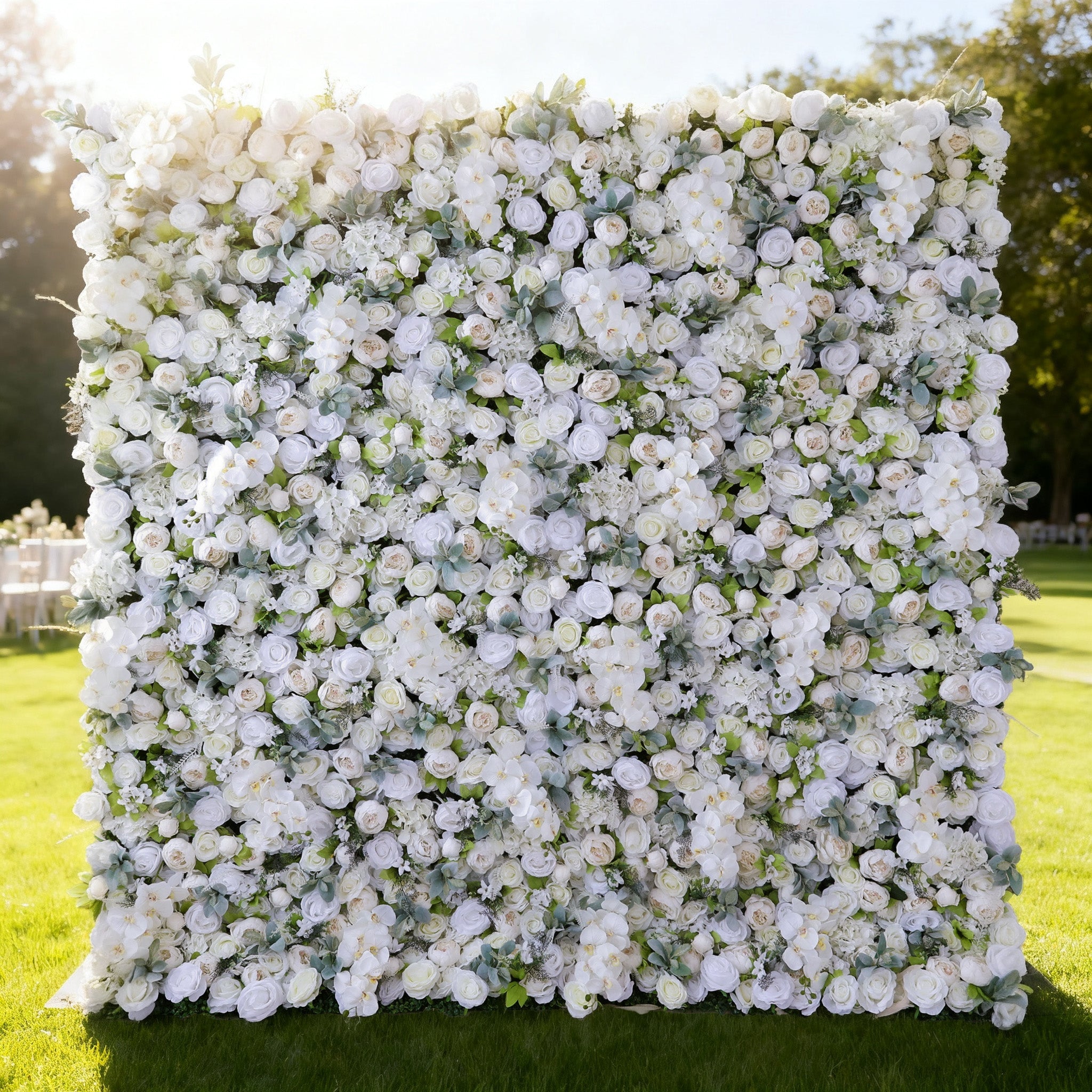 Gorgeous Flower Wall: A Fusion of Grace and Sturdiness with Pure White Artificial Flowers. Perfect for Weddings and Celebrations- Wedding Venues Celebration Floral Wall-VF-142