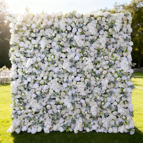 Gorgeous Flower Wall: A Fusion of Grace and Sturdiness with Pure White Artificial Flowers. Perfect for Weddings and Celebrations- Wedding Venues Celebration Floral Wall-VF-142
