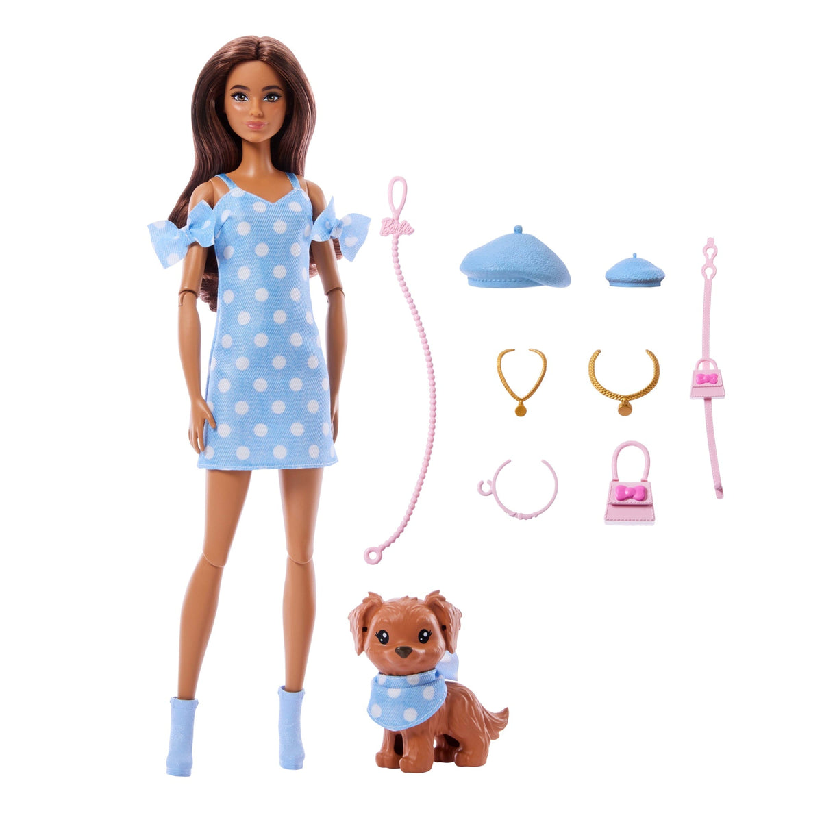 Barbie Twinning Looks Fashion Doll With Pet Dog, Matching Blue Clothes & Accessories, Brunette