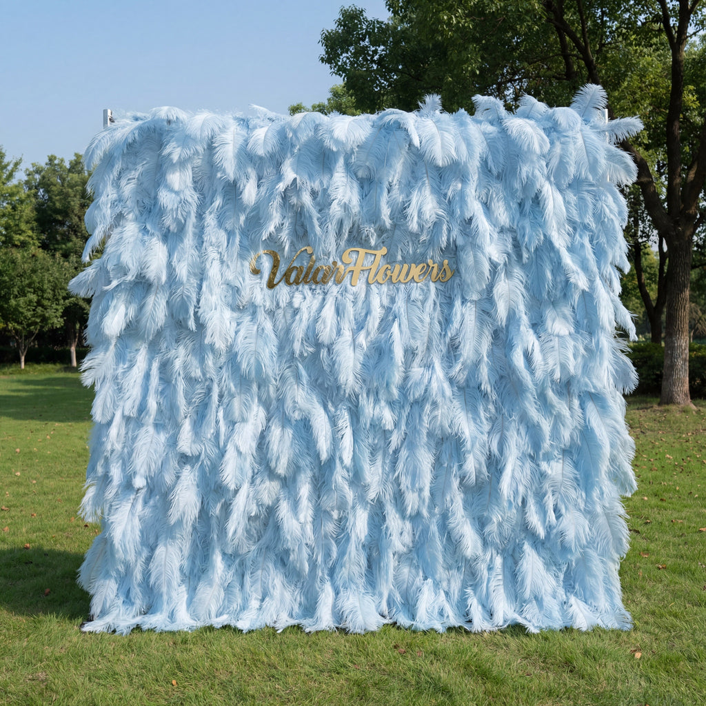 ValarFlowers Light Blue Artificial Feather Backdrop: Luxe Plume Display with 7+ Color Options & Custom Services. DIY Photo Booth Decoration-VF-164-Baby Blue