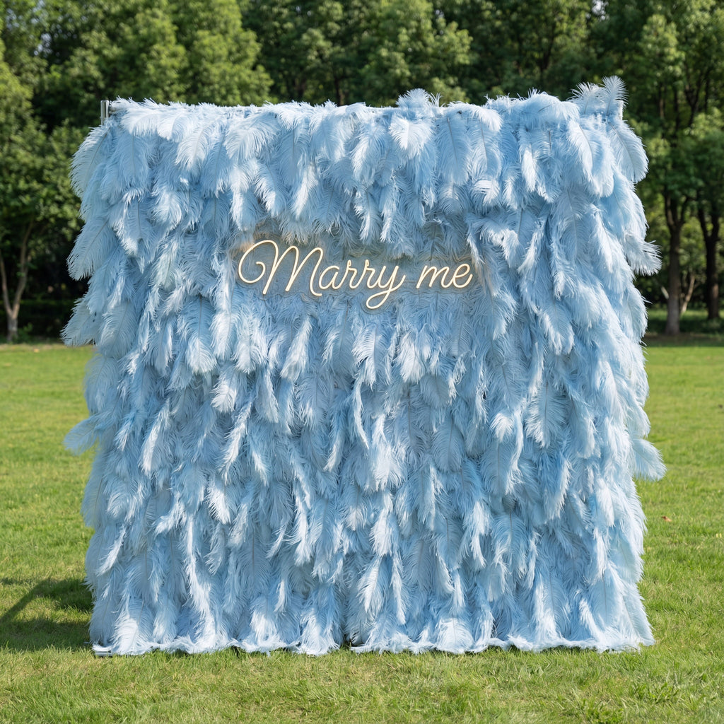 ValarFlowers Light Blue Artificial Feather Backdrop: Luxe Plume Display with 7+ Color Options & Custom Services. DIY Photo Booth Decoration-VF-164-Baby Blue