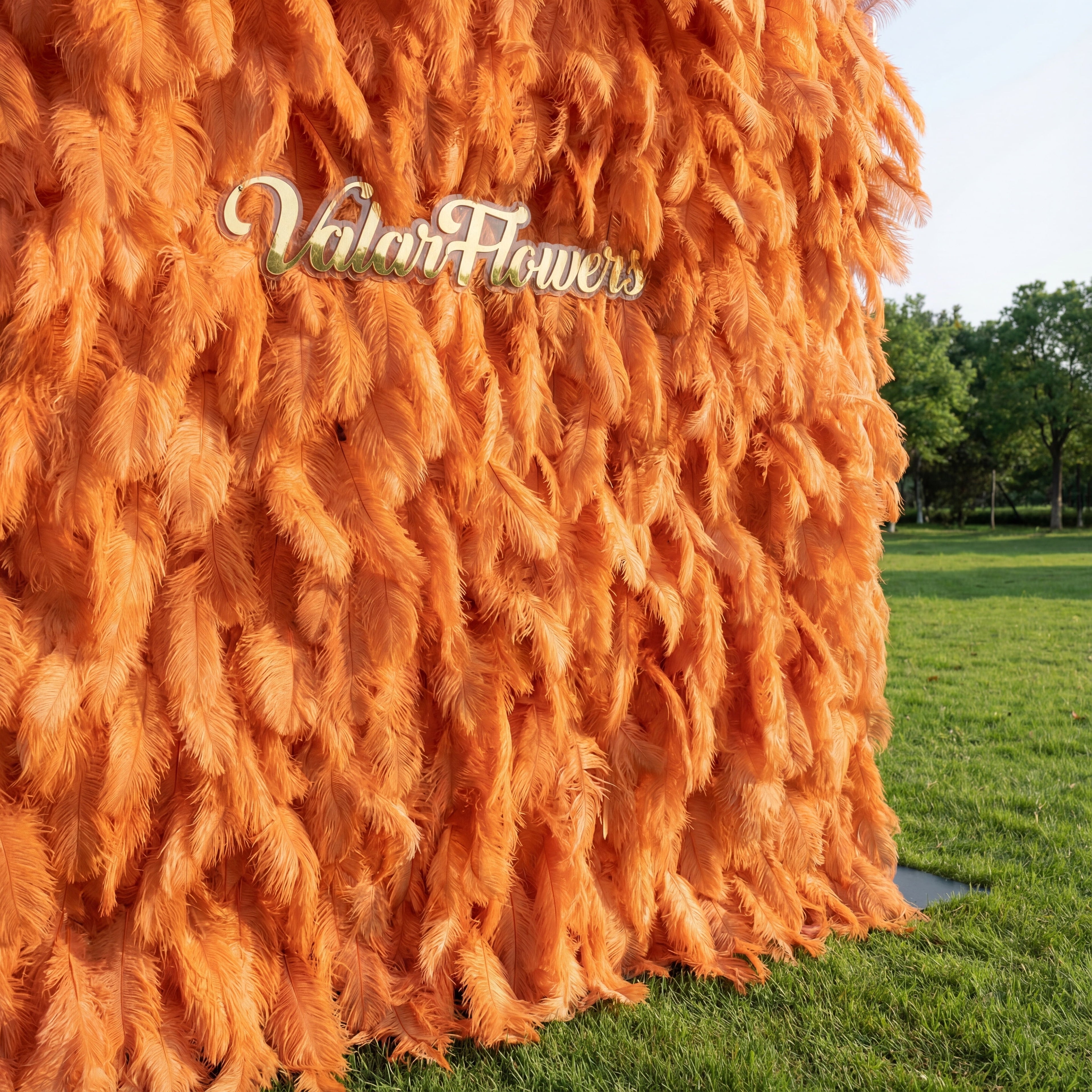 ValarFlowers Orange Artificial Feather Backdrop: Luxe Plume Display with 7+ Color Options & Custom Services. DIY Photo Booth Decoration-VF-164-Orange