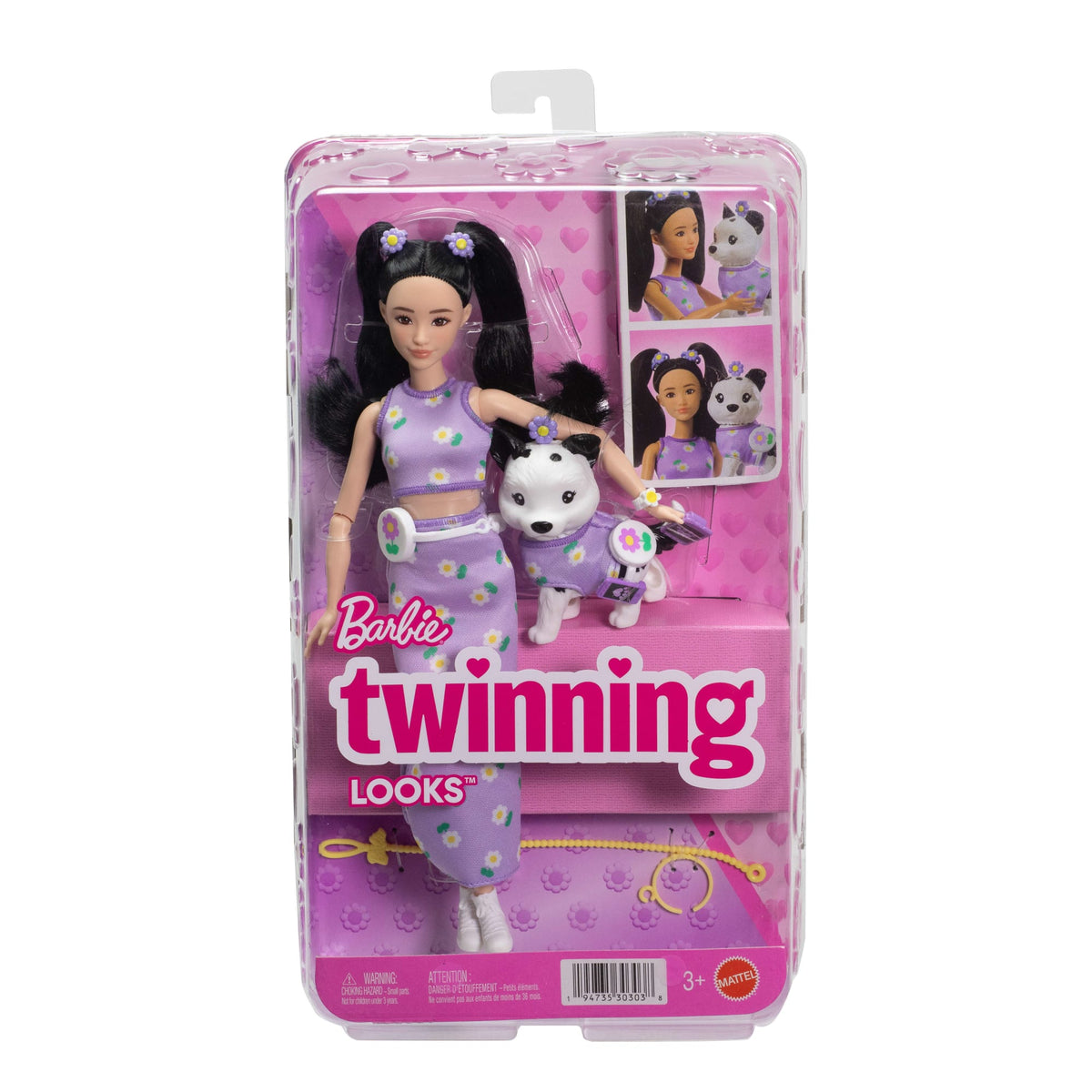 Barbie Twinning Looks Fashion Doll With Pet Dog, Matching Purple Clothes & Accessories, Black Hair