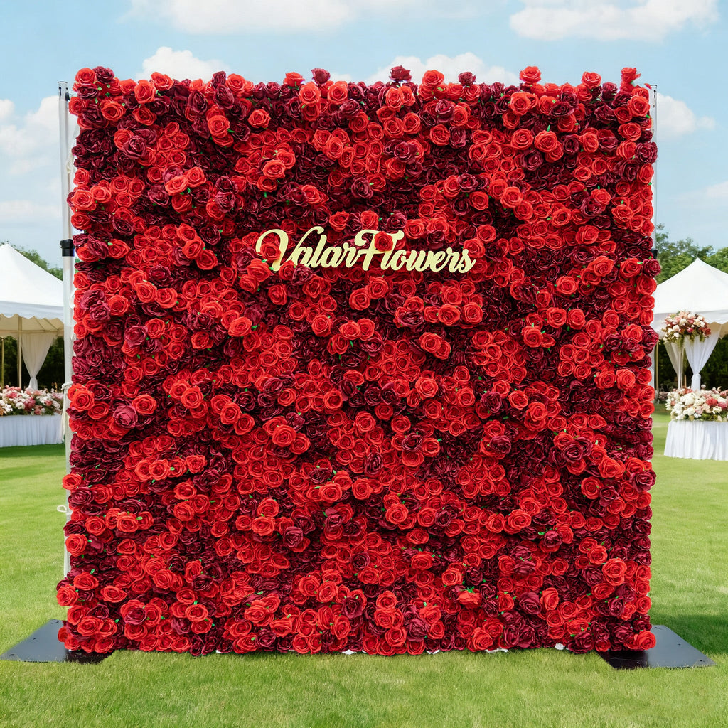 Valar Flowers Roll Up Fabric Artificial Flower Wall Crimson Coronation: A Regal Array of Red Roses Radiating Romance and Reverence-VF-172