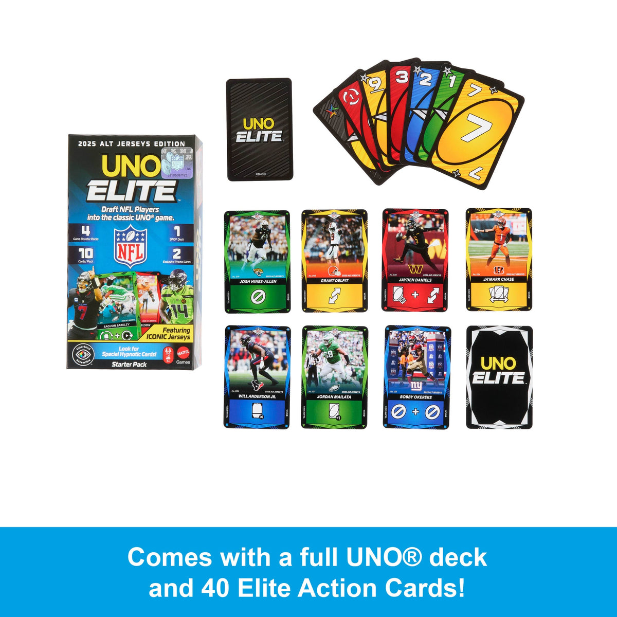 UNO Elite NFL 2025 Alt Jerseys Edition Booster Set Plus With 40 Elite Action Cards (Players May Vary)