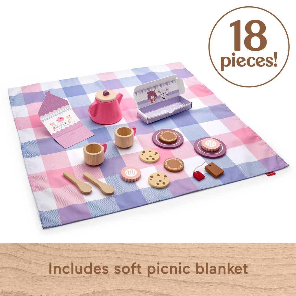 Fisher-Price Wooden Picnic Tea Set For Kids With Blanket, Wood Cups & Saucers, 18 Pieces