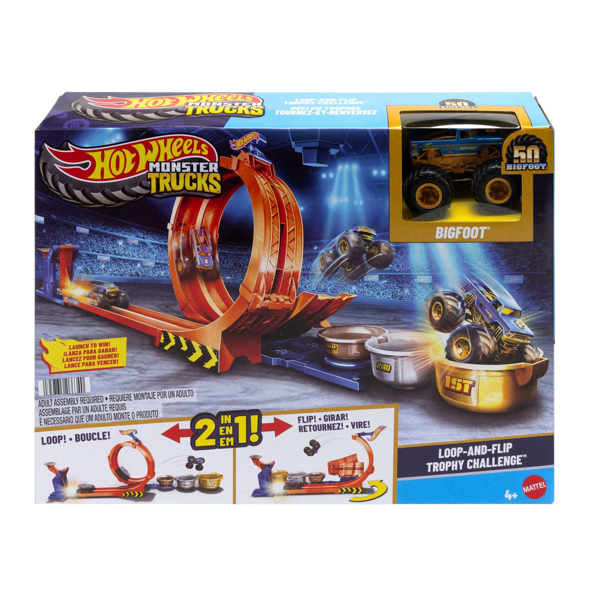 Hot Wheels Monster Trucks Pista de Brinquedo Troféu Bigfoot Giros Extremos