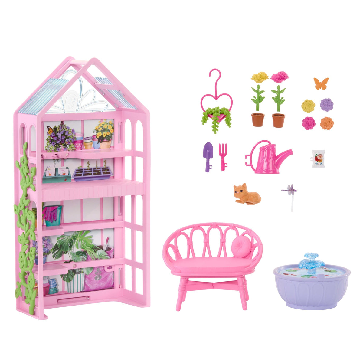 Barbie World Backyard Garden Toy Playset & 17 Accessories, Includes Shelf, Fountain, Flowers & More