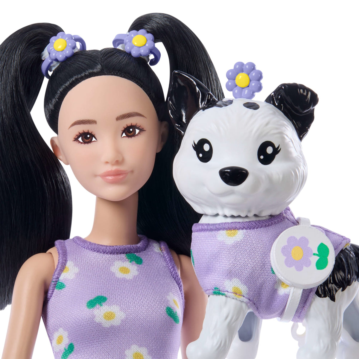 Barbie Twinning Looks Fashion Doll With Pet Dog, Matching Purple Clothes & Accessories, Black Hair