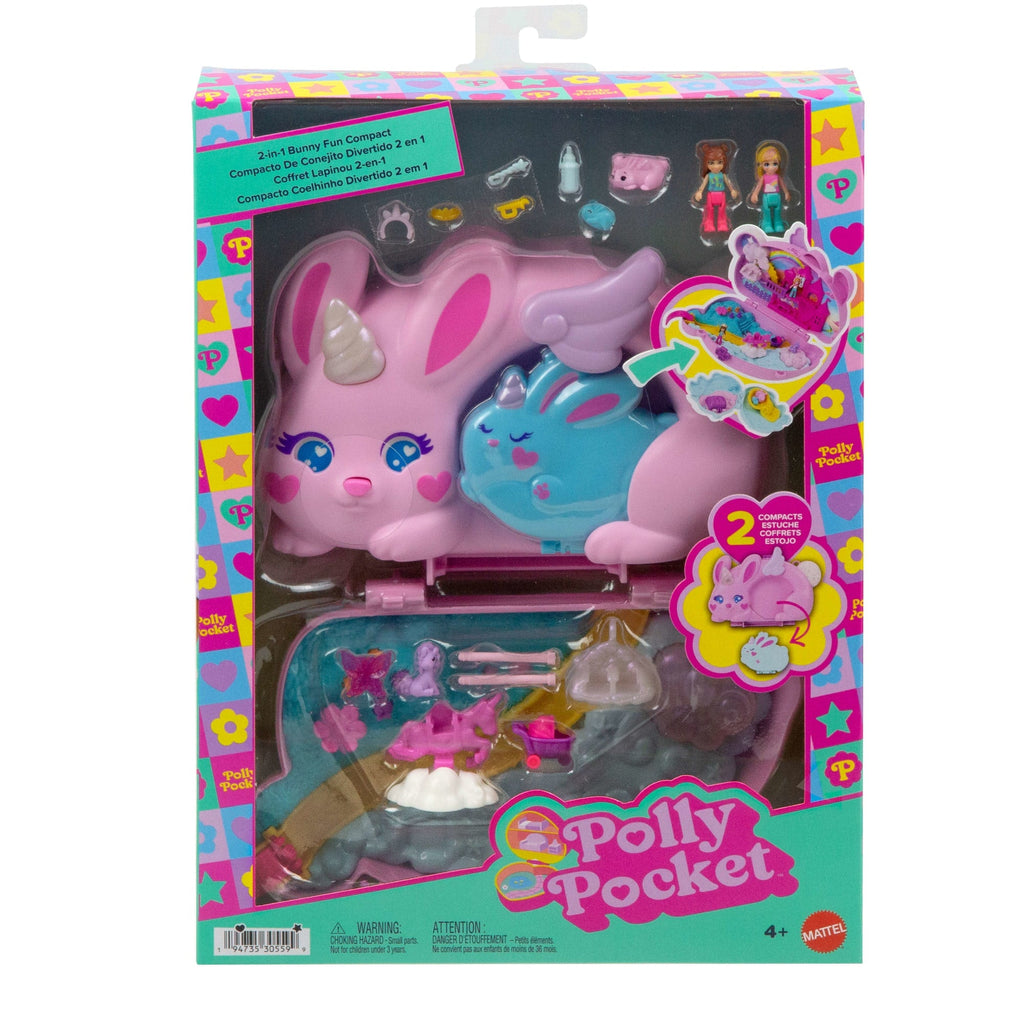 Polly Pocket 2-in-1 Bunny Fun Compact, Wearable Purse Playset With 2 Dolls & 12 Accessories including Pets