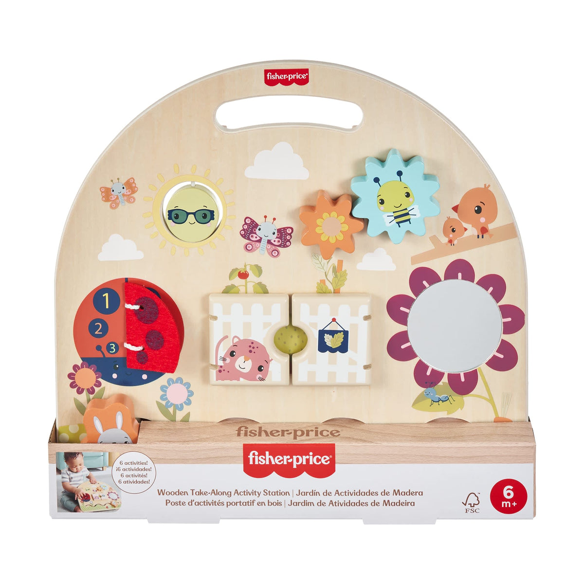 Fisher-Price Wooden Take-Along Activity Station, Wood Busy Board For Baby & Toddler