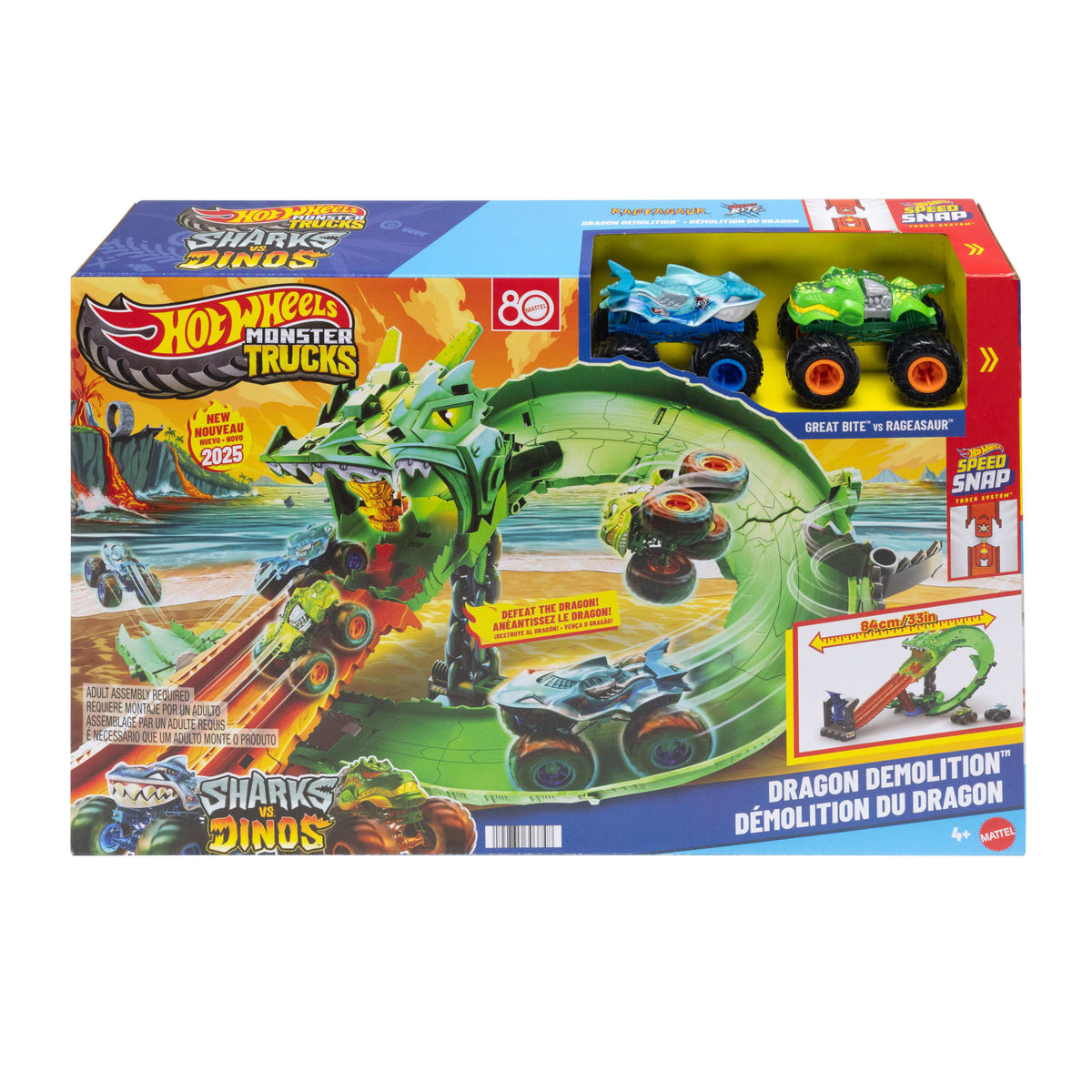 Hot Wheels Monster Trucks Sharks vs Dinos Dragon Destruction Playset & 2 Toy Trucks