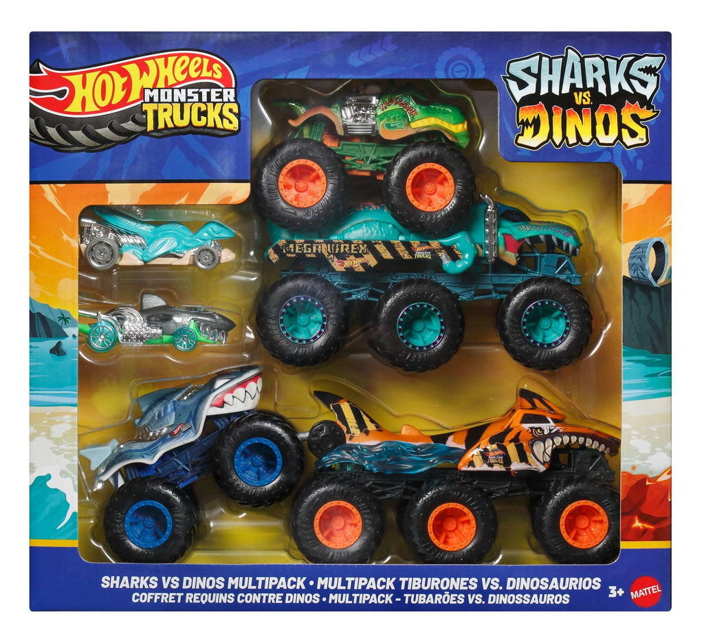 Hot Wheels Monster Trucks Veículo de Brinquedo Tubarões vs. Dinossauros Pacote de Carros